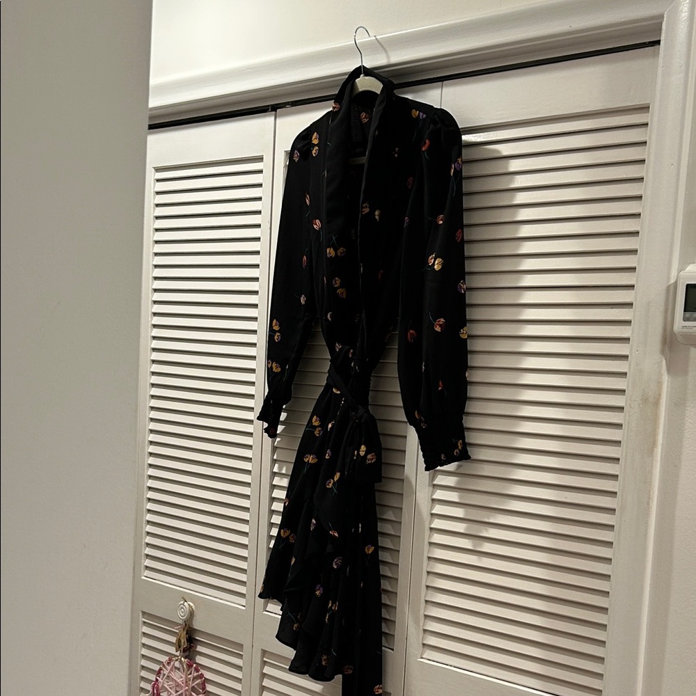 CAbi Black Floral Long-Sleeve Wrap Dress with gentle tiered hem Medium.